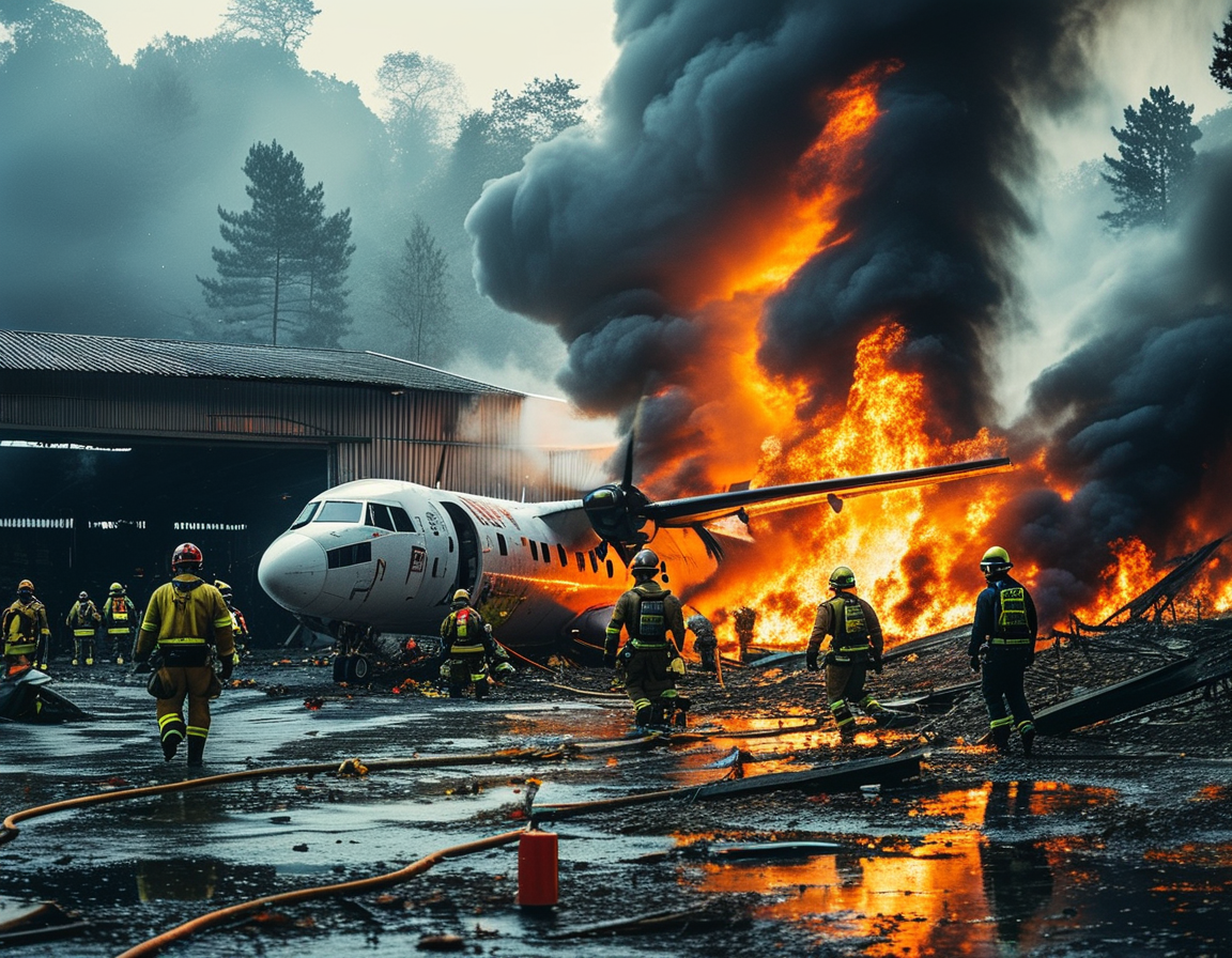 A devastating scene depicting the aftermath of the plane crash with thick smoke billowing from the warehouse and emergency responders battling the flames.