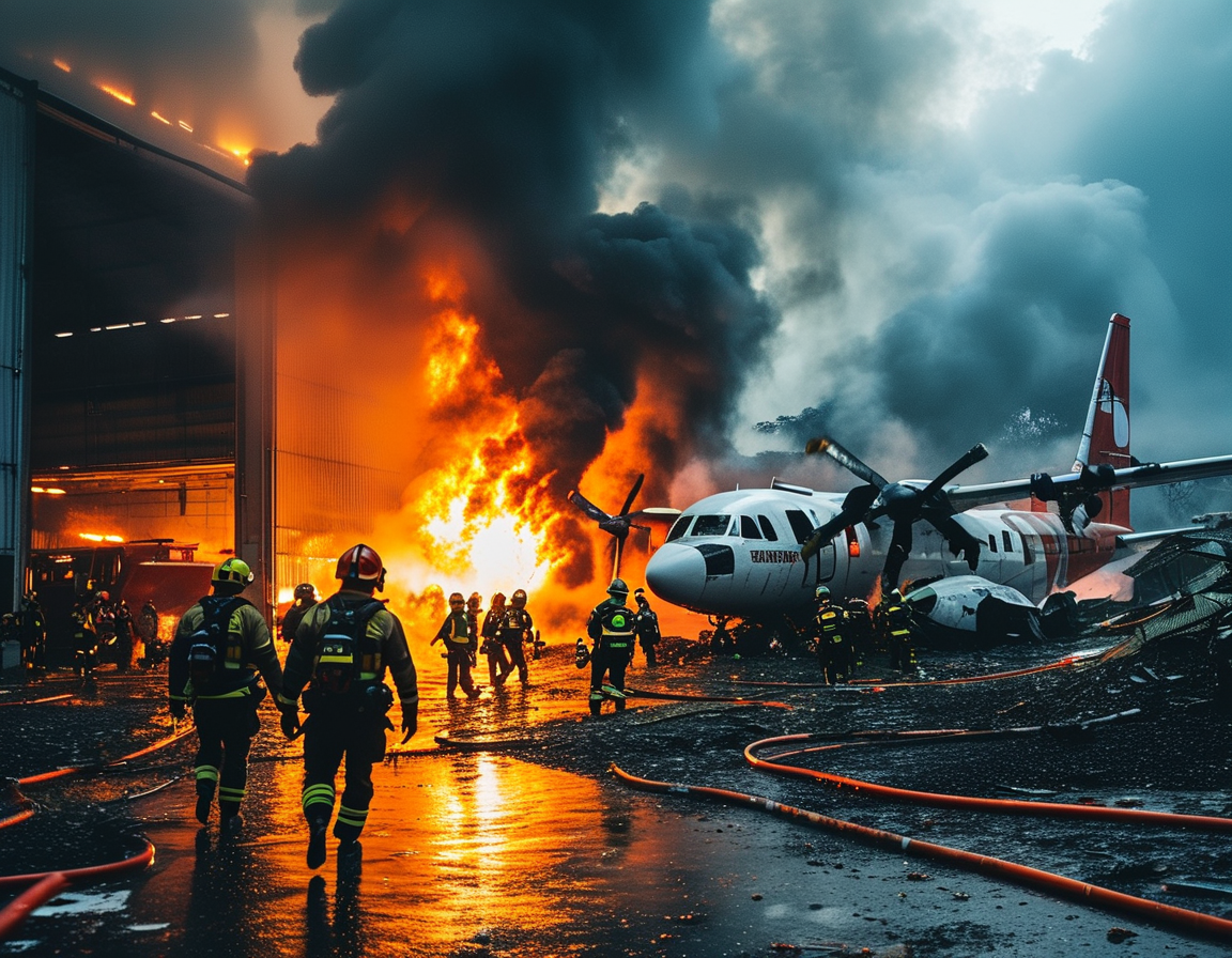 Firefighters in action as they work to extinguish the fire caused by the plane crash, highlighting the urgency and heroism of first responders.
