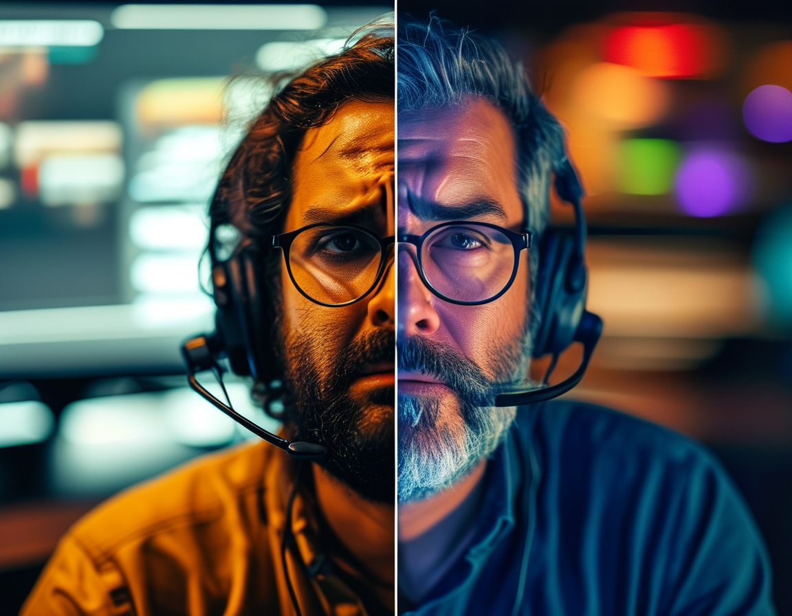 A split image showing a frustrated consumer struggling with slow internet while streaming on one side and a corporate executive celebrating profits on the other, highlighting the disparity in internet access.