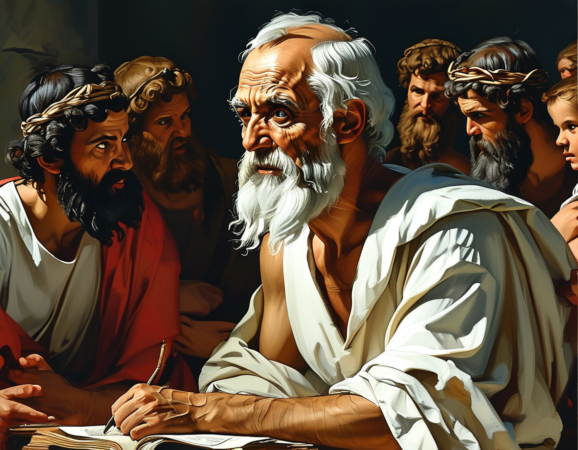 An illustration depicting Socrates engaged in dialogue with a group of inquisitive students, symbolizing the Socratic method of questioning and discussion.