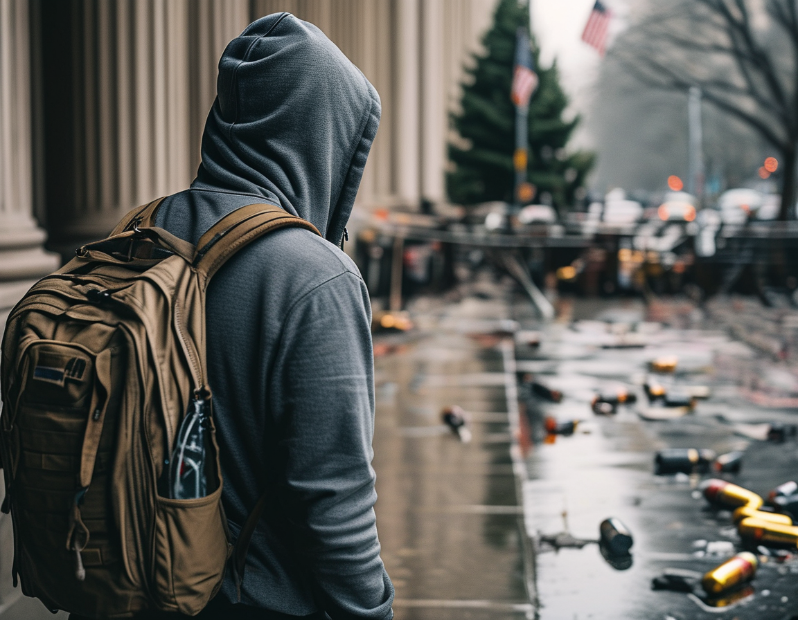 A shadowy figure in a grey hoodie and backpack, seen placing a pipe bomb outside the Democratic National Committee headquarters in Washington, D.C., evokes tension and mystery surrounding the event.
