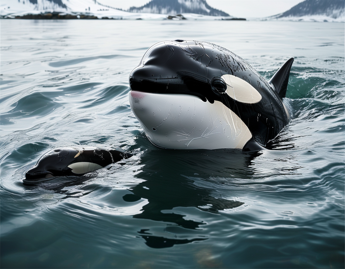 A somber image of Tahlequah, the orca, swimming with the lifeless body of her calf, reflecting the deep sorrow and grief within the southern resident killer whale population.