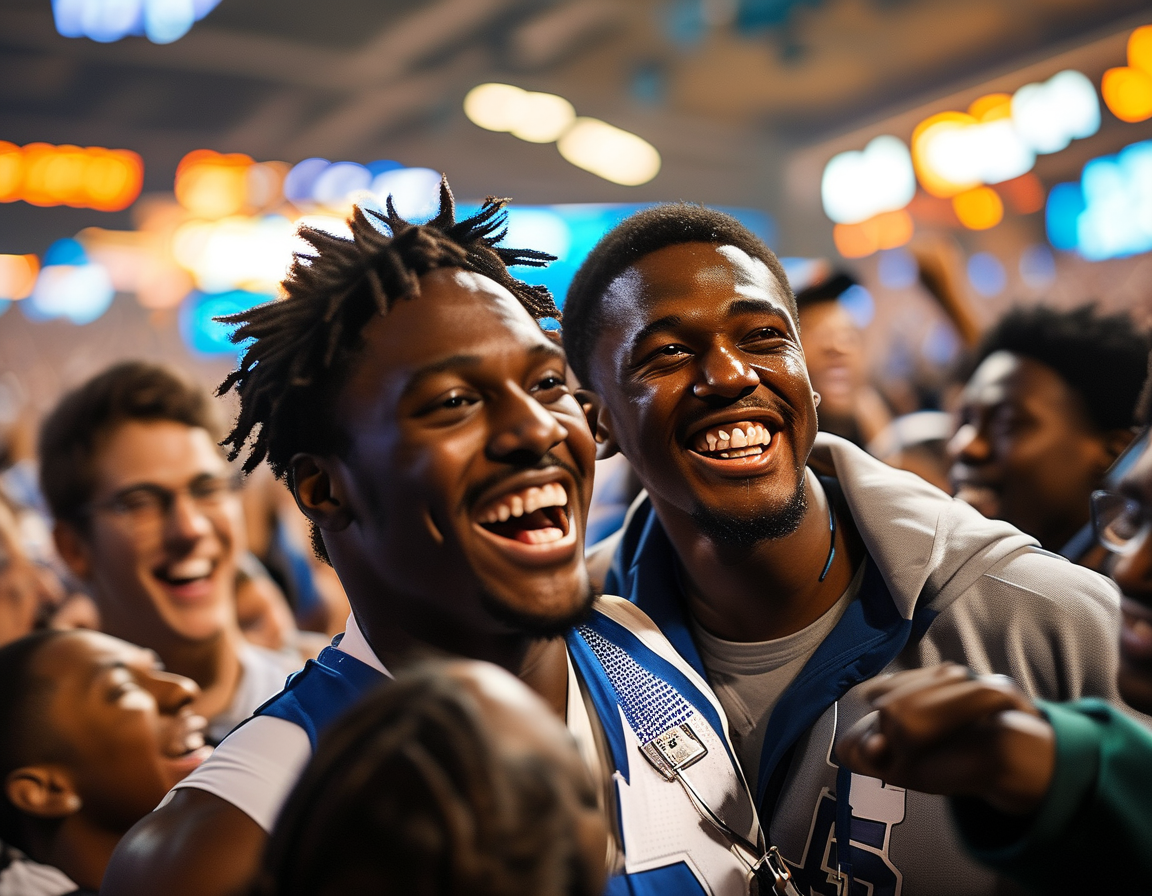 A dynamic scene from the Sugar Bowl showing Notre Dame players celebrating their victory over Georgia, with fans cheering in the background, creating an electrifying atmosphere filled with emotion and anticipation.