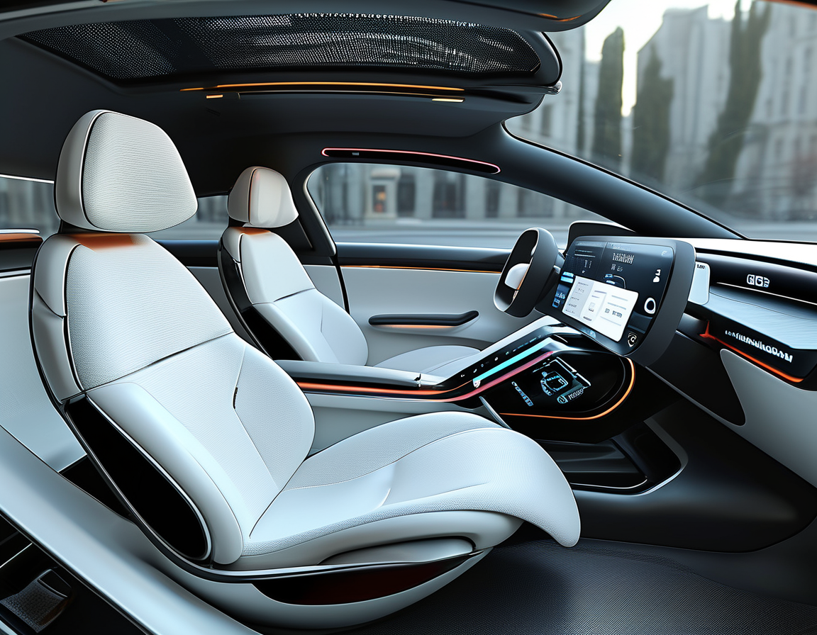 A futuristic electric vehicle interior showcasing a driver interacting with the Lucid Assistant voice feature, displaying a digital interface and voice command prompts.