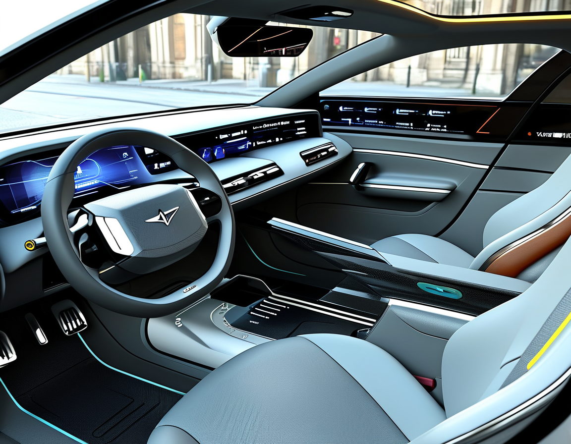 An electric car with a vibrant screen highlighting the capabilities of the Lucid Assistant, emphasizing an intuitive voice interaction on a scenic road.
