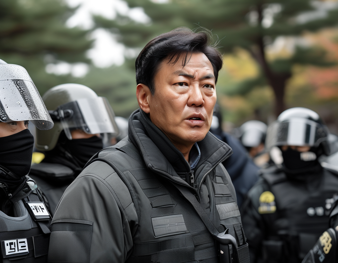A tense scene outside President Yoon Suk Yeol's residence in Seoul, with supporters rallying to block law enforcement from making an arrest, illustrating the intensity of political loyalty and division.
