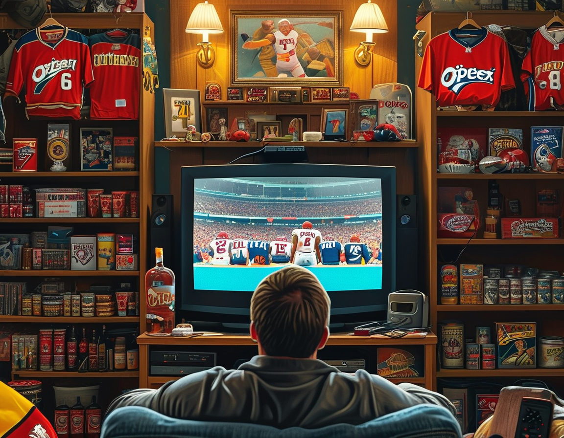 A frustrated sports fan sitting in front of a television with a cable remote, surrounded by team merchandise, representing the confusion after Optimum dropped MSG Networks.