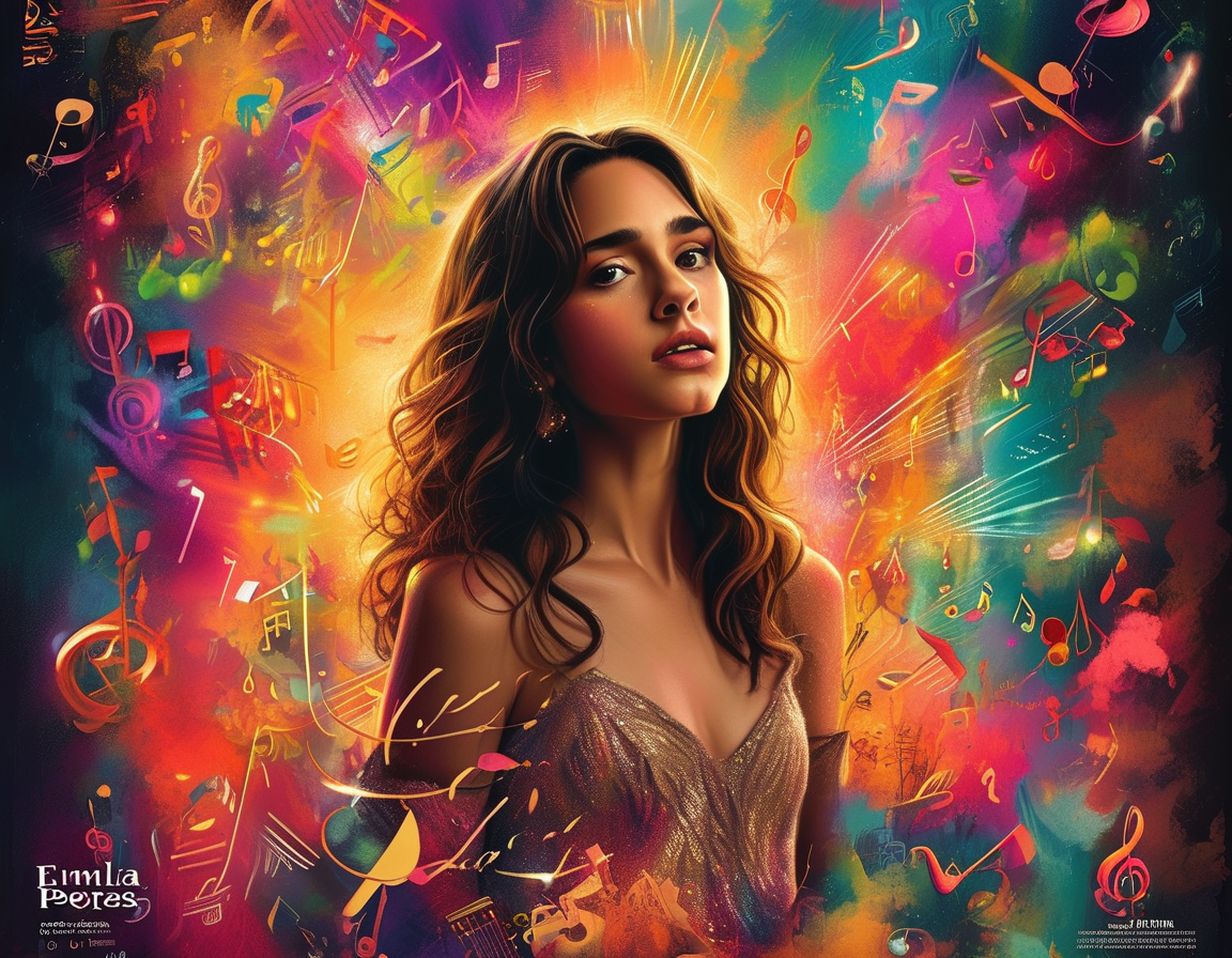 A vibrant promotional poster for 'Emilia Perez' featuring the lead actress Karla Sofia Gascon in a dramatic pose, surrounded by colorful musical elements that signify a thrilling cinematic experience.