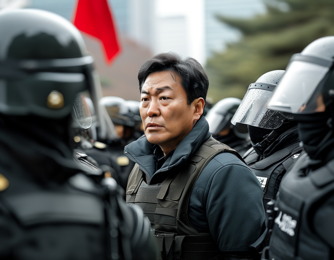 An aerial view of the protest outside the presidential residence in Seoul, showcasing the large crowd of supporters versus the police presence, symbolizing the clash in South Korea's political landscape.