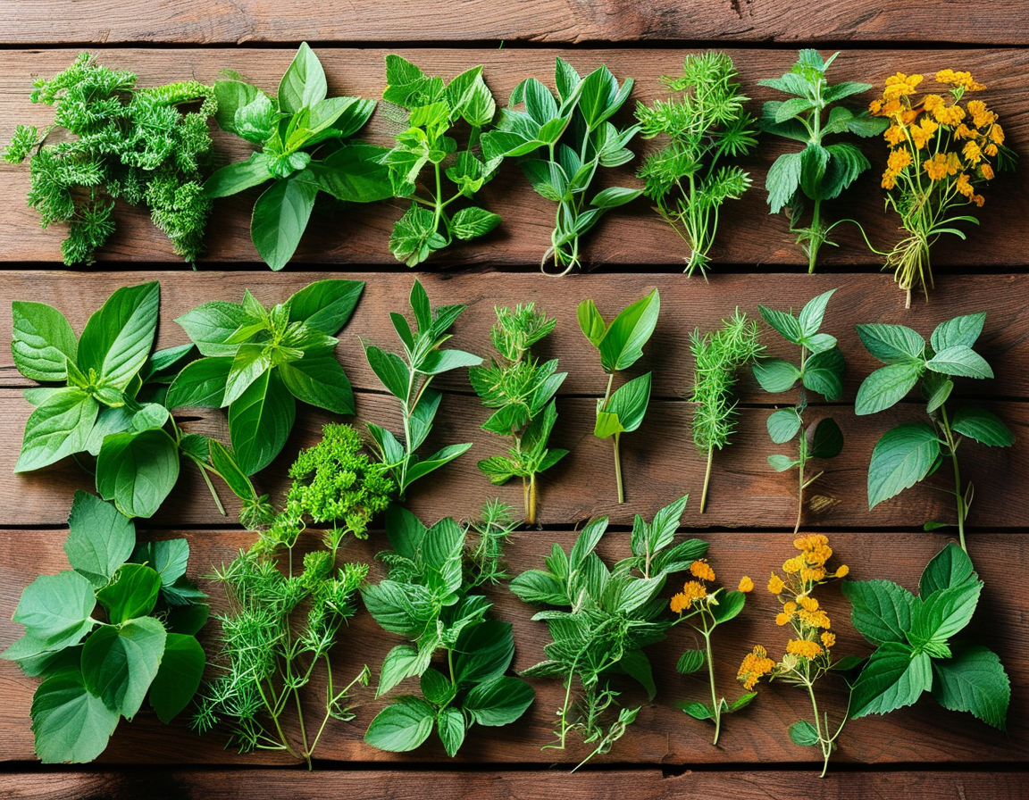 A vibrant collection of traditional herbal plants displayed on a rustic wooden table, highlighting their various healing properties and green foliage, promoting natural wellness.