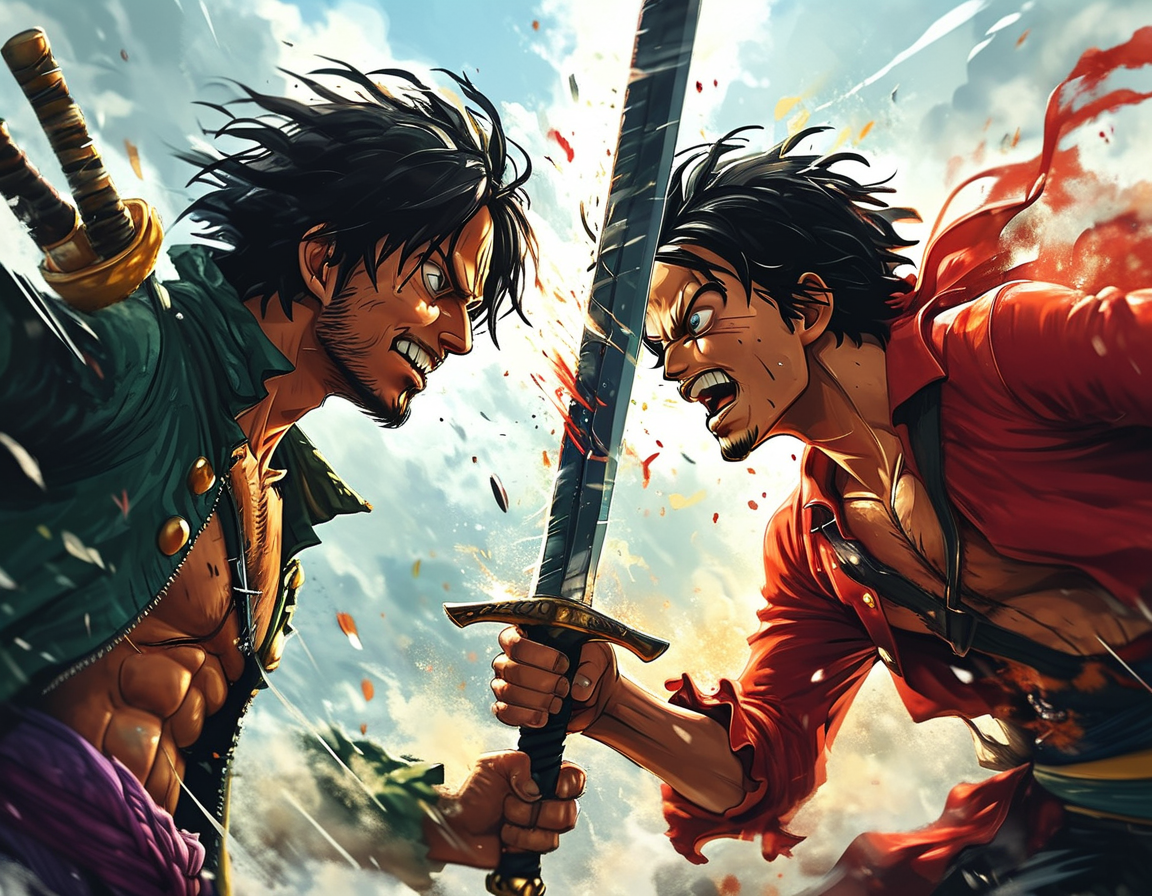 An epic illustration of Luffy facing off against his rivals, showcasing Zoro with swords drawn, Blackbeard with a menacing grin, and Katakuri demonstrating his powerful abilities, highlighting various rivalries in One Piece.