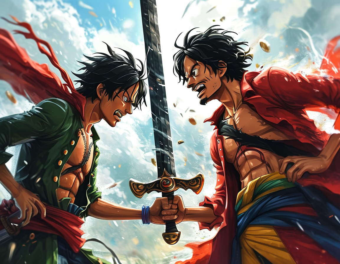 A dramatic scene showing Luffy standing strong amidst his friends and rivals, featuring contrasting expressions reflecting determination and competition, embodying the themes of growth and challenge in the series.