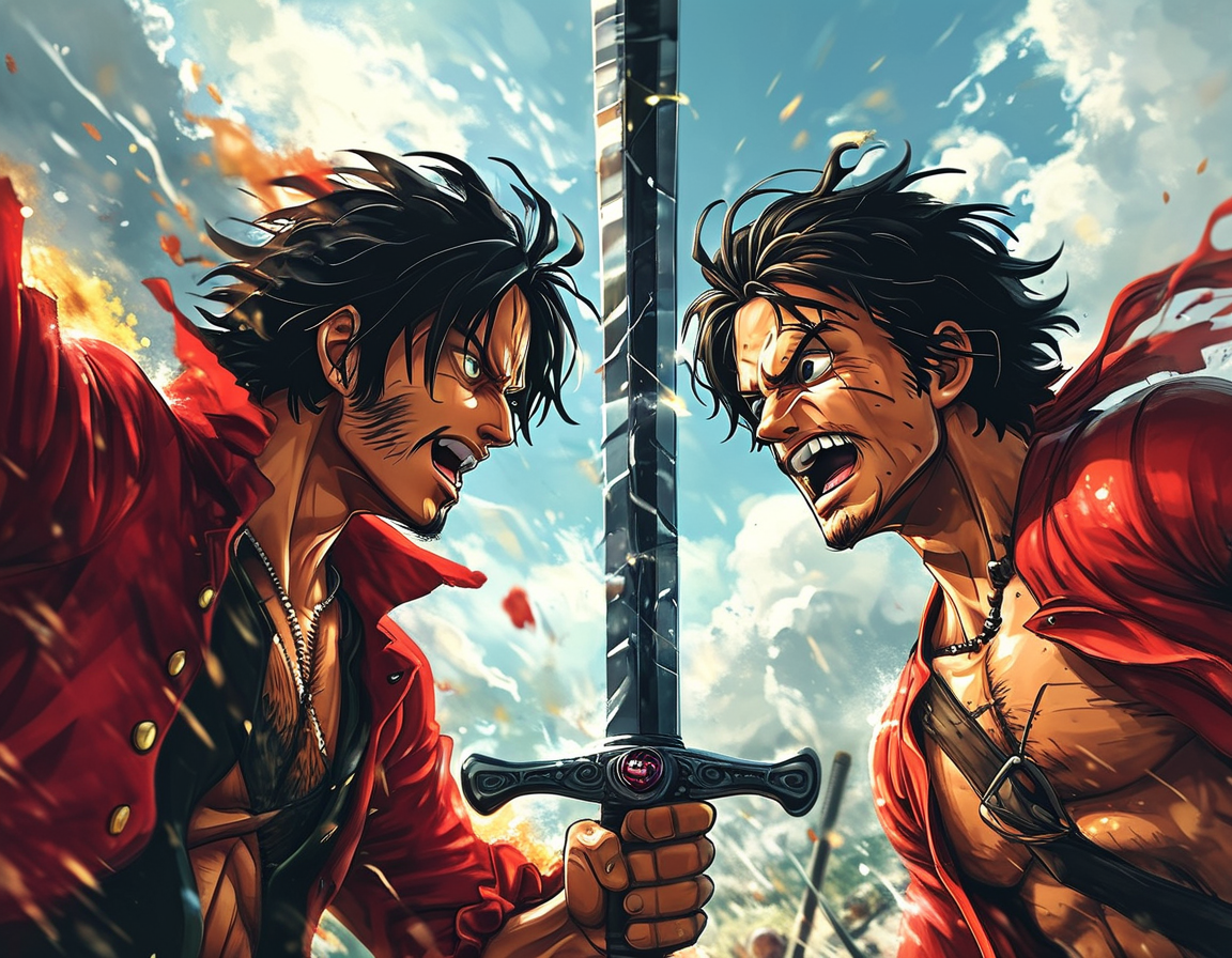 A dynamic portrayal of Luffy and his various rivals in action poses, surrounded by the symbols of their ambitions, such as swords, pirate flags, and the ocean, capturing the essence of their relationship and conflicts.