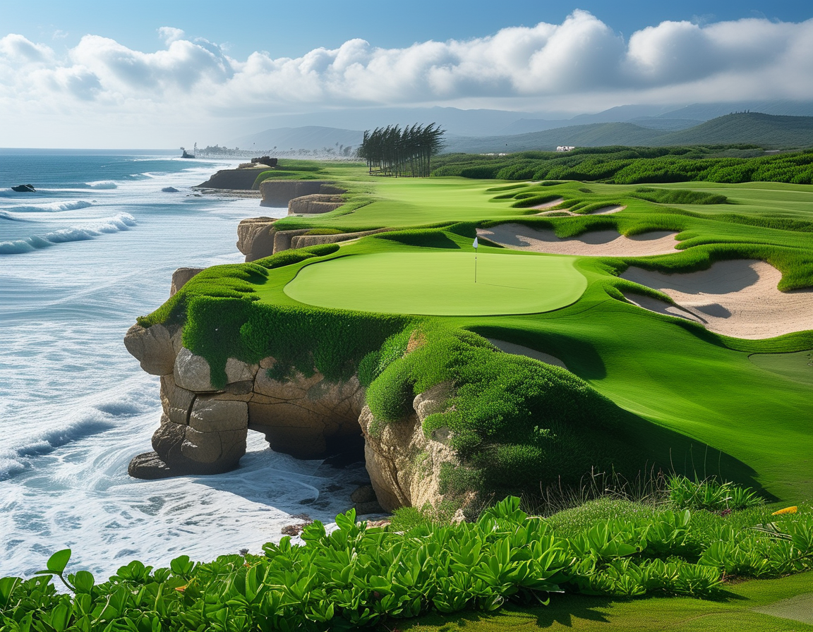 A breathtaking view of Kapalua Golf Course with lush greens and ocean waves in the background, perfectly illustrating the scenic beauty of the Sentry Tournament.