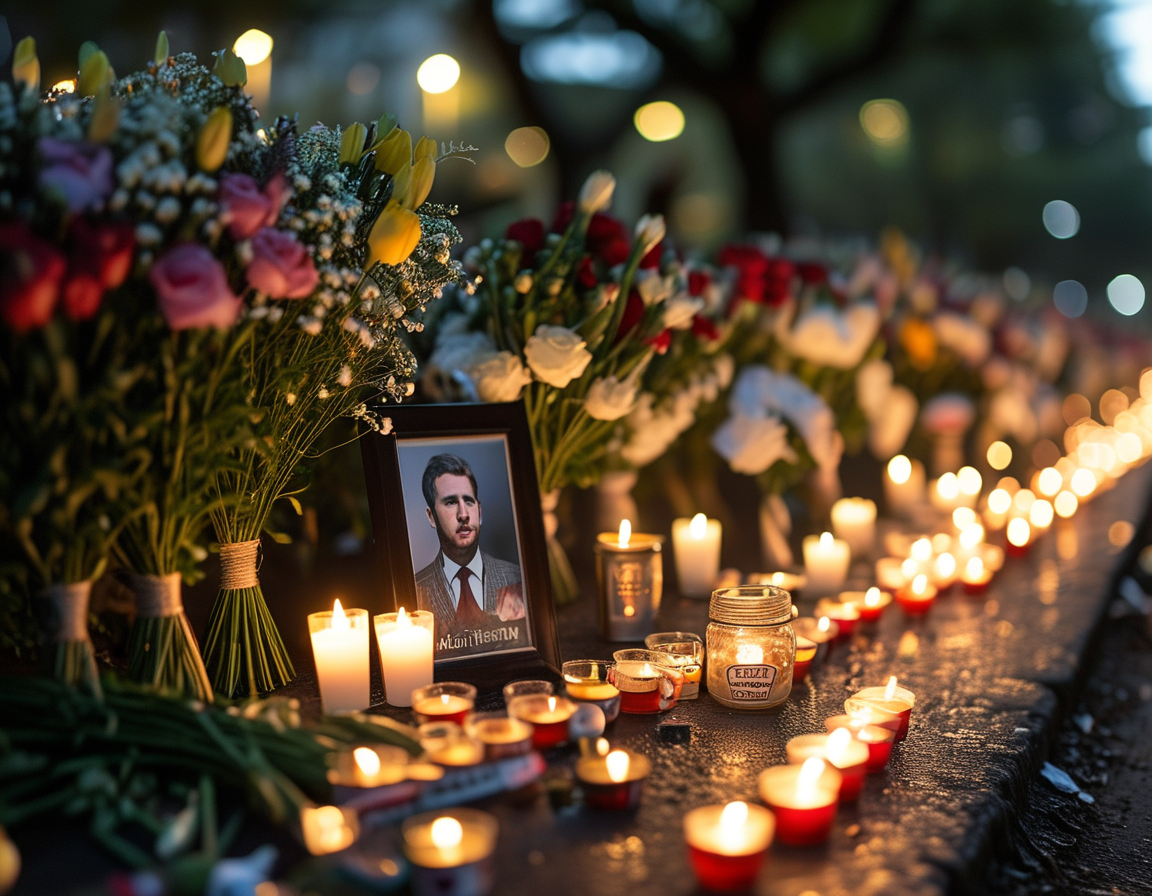 An emotional tribute scene with lit candles, flowers, and photos of Liam Payne, capturing the grief of fans and friends mourning a beloved star's tragic passing.