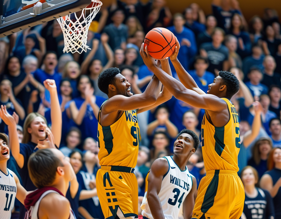 An intense college basketball game scene, showcasing players from the Wisconsin Badgers and Iowa Hawkeyes battling for possession of the ball with fans cheering in the background.