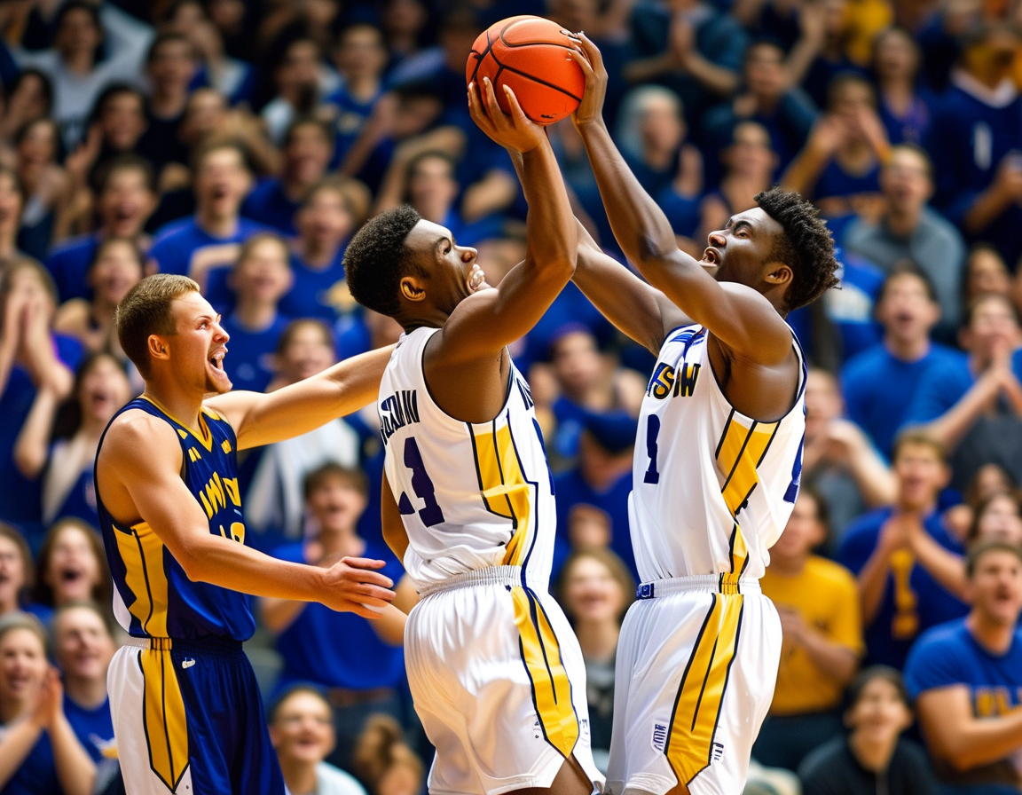 Close-up of Owen Freeman, a key Iowa player, dribbling the basketball on the court while a Badgers defender pressures him, highlighting the tense atmosphere of the game.