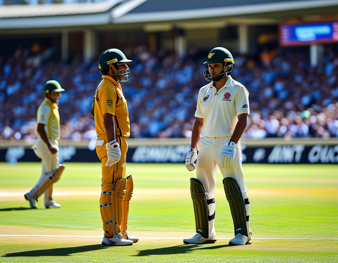 A tense cricketing moment at the Sydney Cricket Ground, with players focused and the scoreboard showing Australia struggling at 101 for 5 against India.