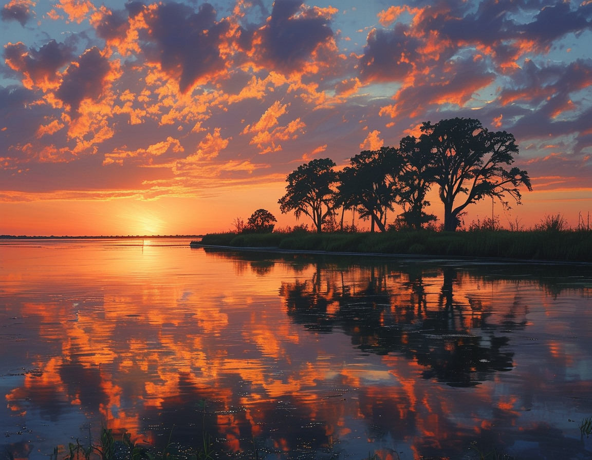 A serene image of a sunset over the Louisiana bayou, symbolizing hope and healing amidst tragedy, with a silhouette of family members reflecting on their lost loved one.