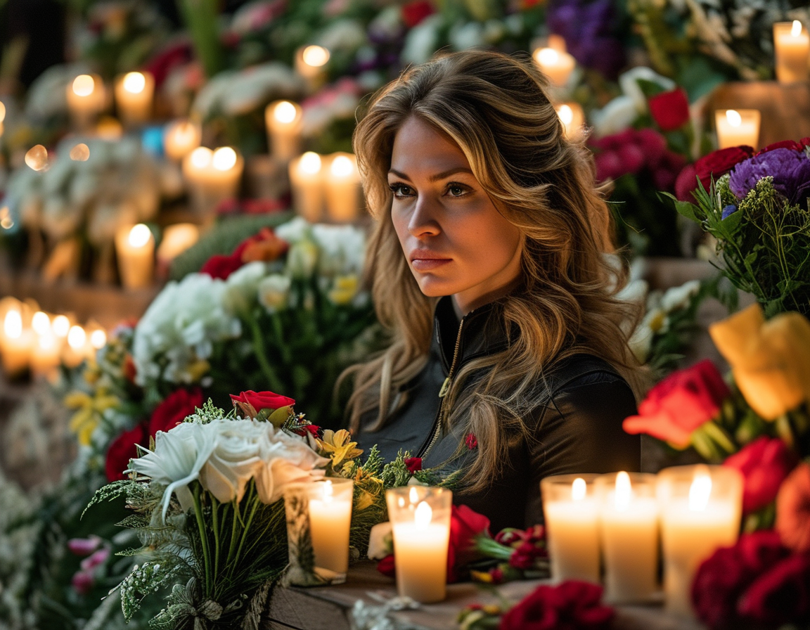 A somber memorial for Selena Quintanilla, adorned with flowers and candles, reflecting the enduring legacy of the beloved singer and the tragedy of her untimely death.