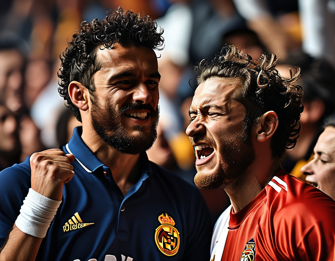 A dramatic moment in the match featuring Jude Bellingham scoring the winning goal for Real Madrid against Valencia, with fans erupting in celebration.