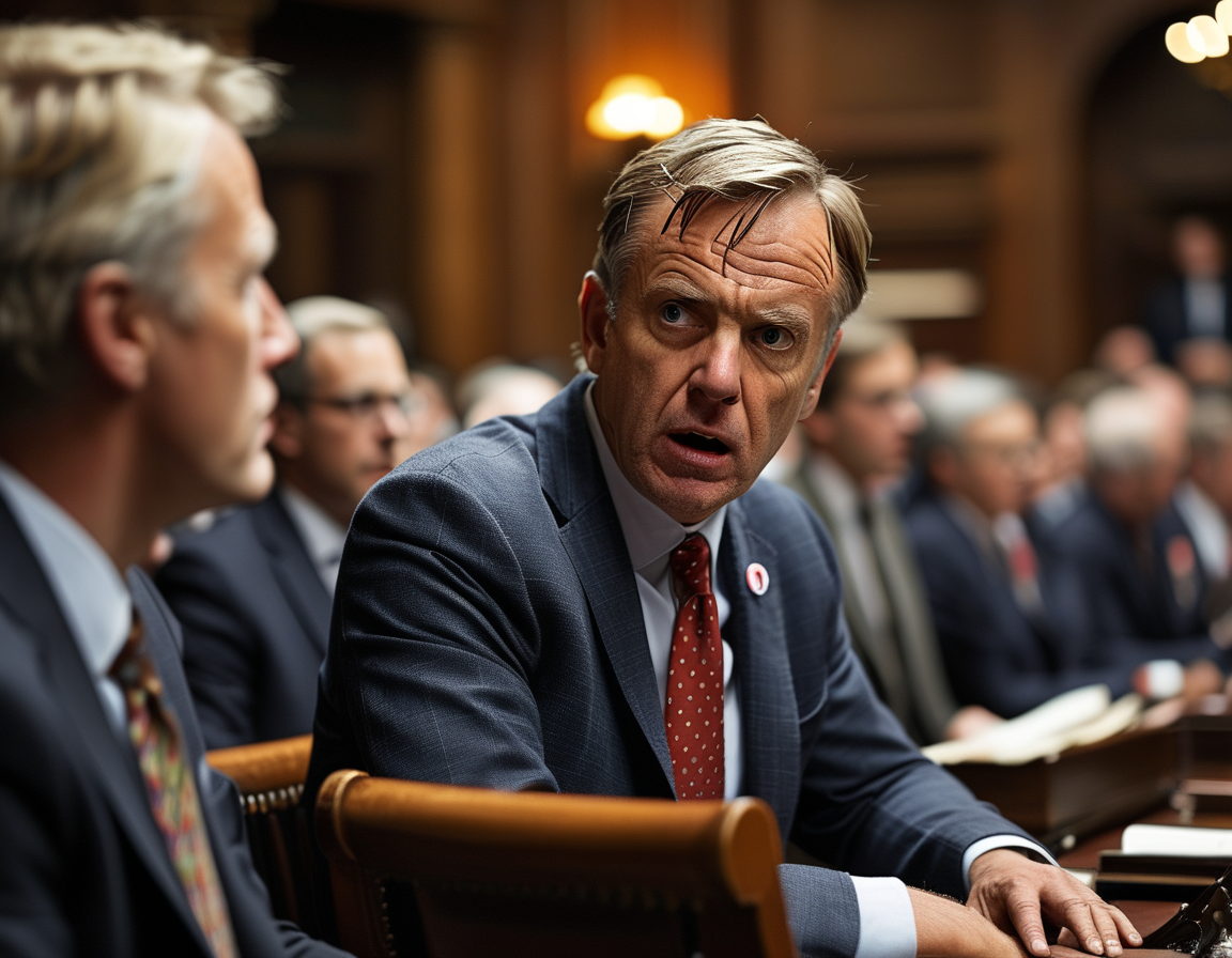 An intense scene inside the House of Representatives showing lawmakers in deep discussion, illustrating the palpable tension as Mike Johnson seeks votes amidst political drama.