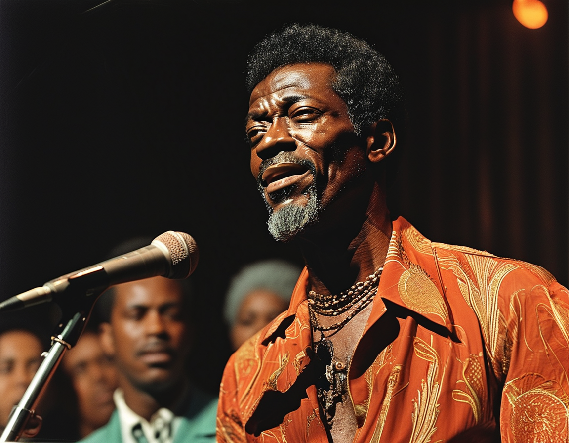 A vintage photograph of Brenton Wood performing on stage, exuding charisma and warmth as he connects with his audience, capturing the essence of soul music in the 1960s.
