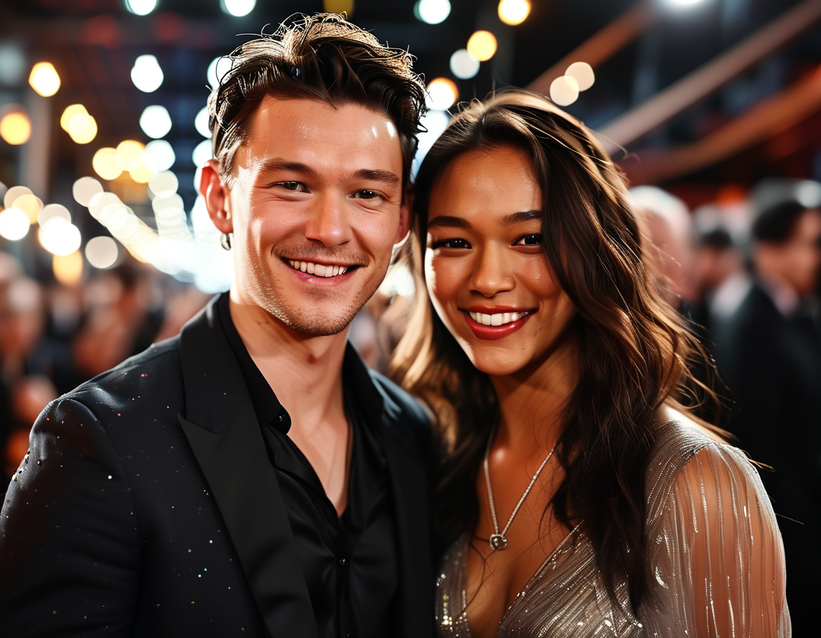 Tom Holland and Zendaya at a red carpet event, smiling brightly at each other, showcasing their chemistry and connection as a couple amidst the flashing cameras.