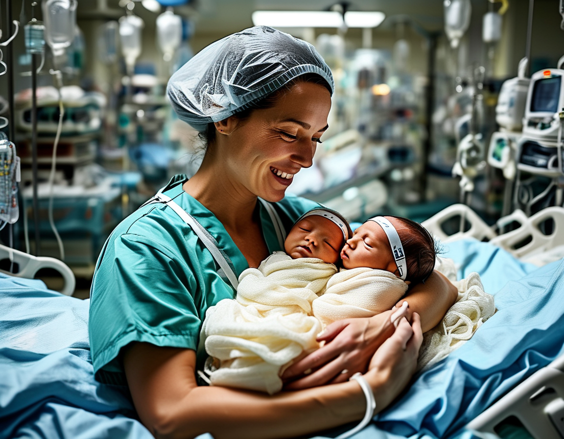 A poignant image of a hospital NICU, capturing a mother cradling her newborn twins surrounded by medical equipment, emphasizing both the joy and the heartbreak of motherhood.