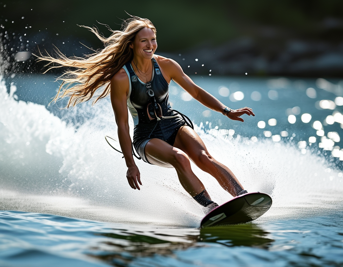Lindsey Vonn gracefully foilboarding on shimmering ocean waters with her hair flowing in the breeze, embodying joy and freedom as she embraces her athletic spirit.