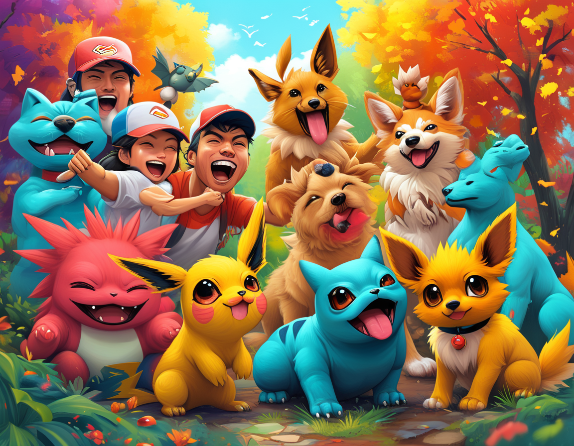 A vibrant illustration of various trainers celebrating the Fidough Fetch event in Pokémon Go, with joyful expressions as they catch Pokémon like Fidough and Growlithe in a colorful, lively park setting.