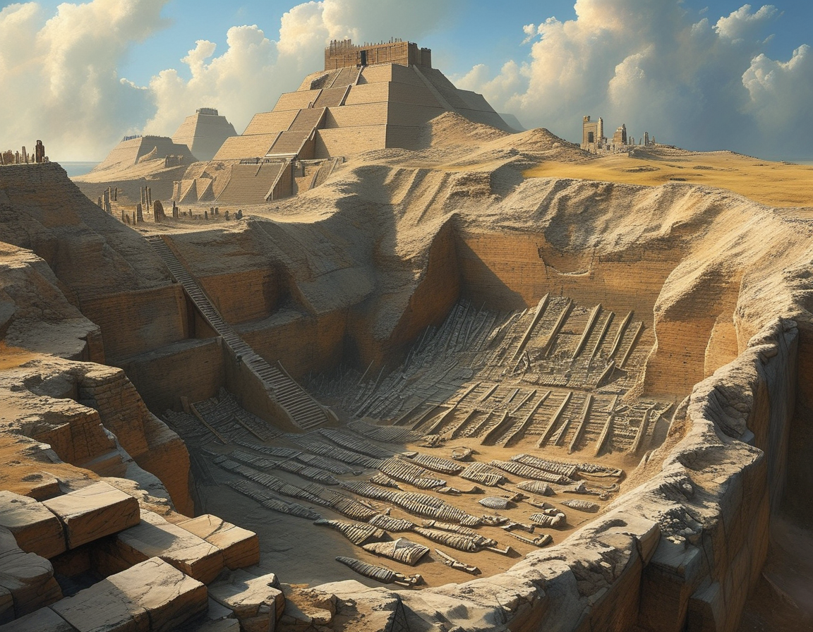 An archaeological illustration depicting the Great Death Pit of Ur, showcasing carefully arranged bodies alongside ancient artifacts, highlighting the cultural significance of the discovery. The setting embodies the rich history and mysteries of ancient Mesopotamia.