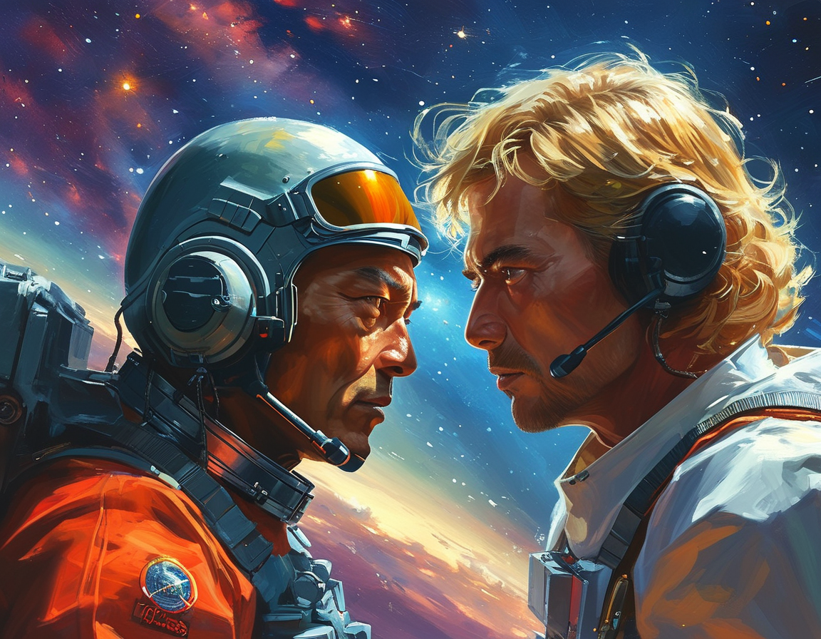 A scene from 'When The Stars Gossip' showcasing Commander Eve Kim and Gong Ryong at a space station, with stunning galactic scenery in the background, highlighting their emotional connection.