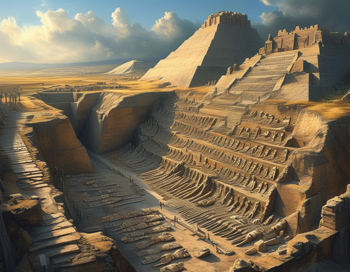 A detailed artist's rendering of the Great Death Pit of Ur, where sacrificial victims lie interred, symbolizing ancient rituals and societal complexities of the Sumerians in a visually engaging way.