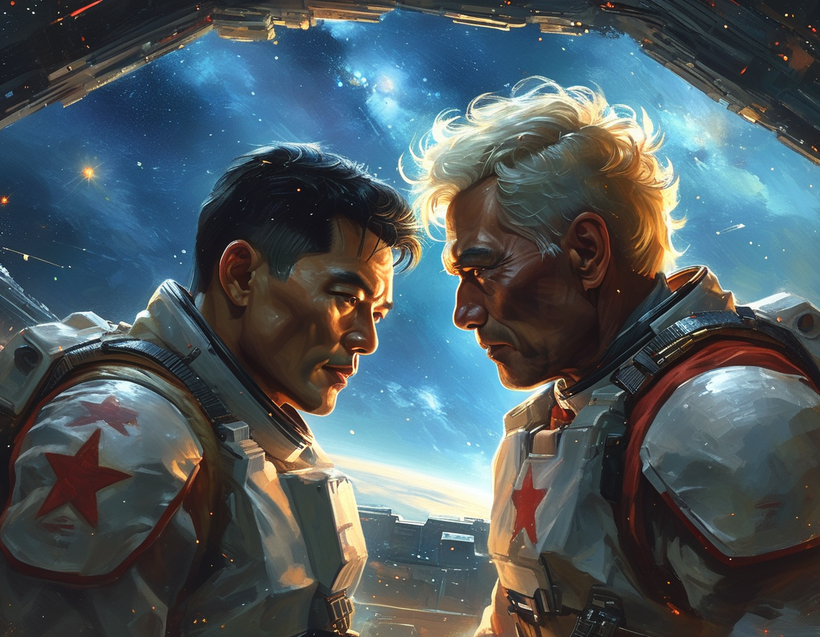 An illustration depicting the life of astronauts aboard a space station, emphasizing their daily routine intertwined with personal conflicts and moments of humor.