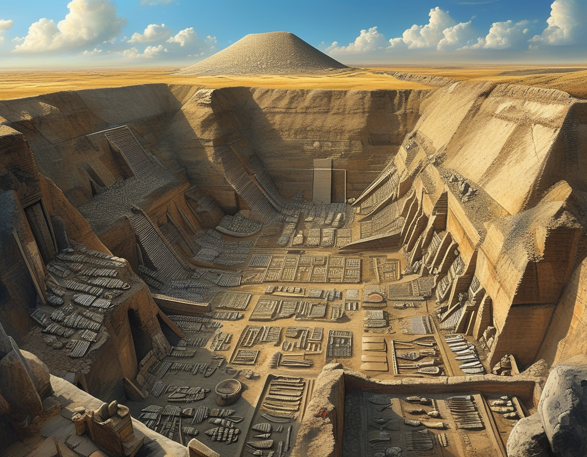A map of ancient Ur in modern Iraq, indicating the location of the Great Death Pit, surrounded by historical context and archaeological findings to illustrate its significance in understanding ancient Mesopotamian culture.