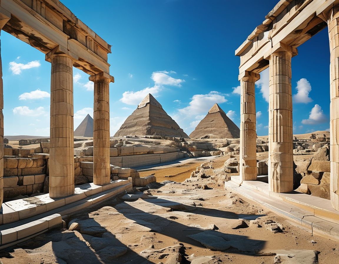 A panoramic view of the Parthenon and the Pyramids of Giza, showcasing their iconic structures against a backdrop of a clear blue sky, symbolizing ancient glory.