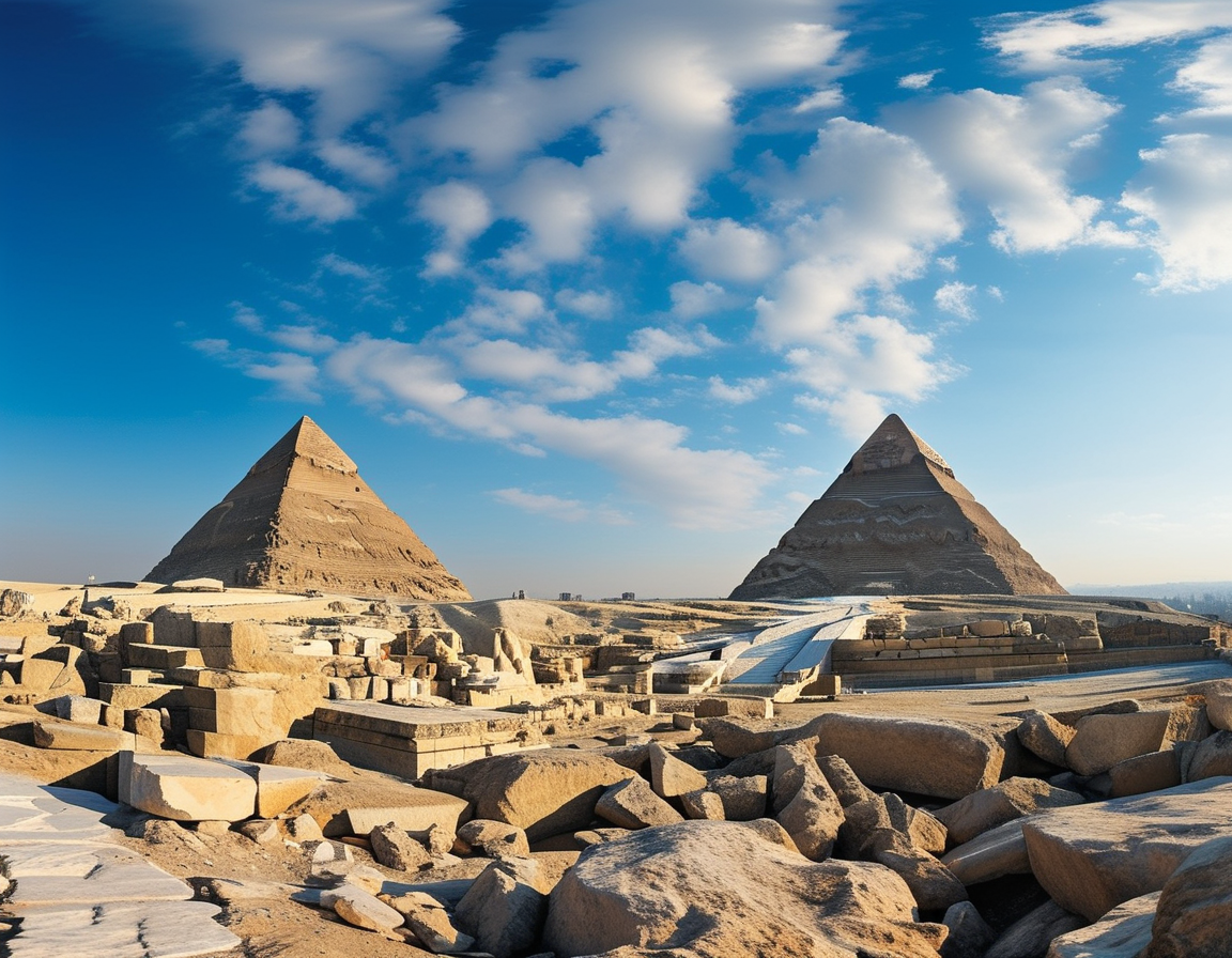 The majestic Pyramids of Giza during sunset, illustrating the grandeur and mystery of these ancient Egyptian tombs, surrounded by the desert landscape.