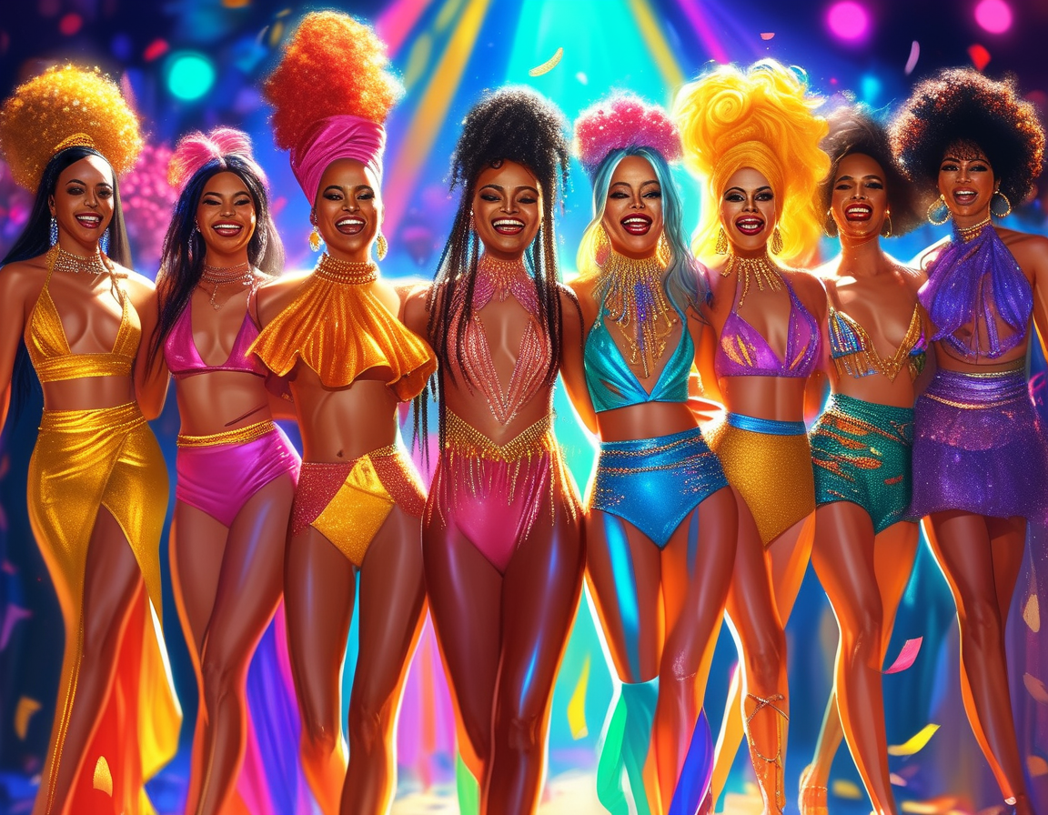 A vibrant illustration of the fourteen drag queens strutting confidently down the runway, surrounded by colorful lights and cheering fans, showcasing their unique styles and personalities.
