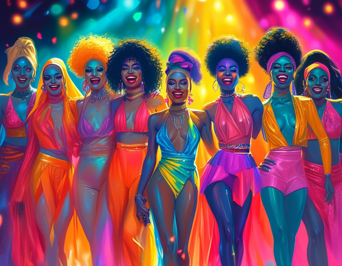 An inviting scene of friends gathered around a TV, eagerly watching RuPaul's Drag Race, snacks in hand, depicting the community aspect of enjoying the show together.