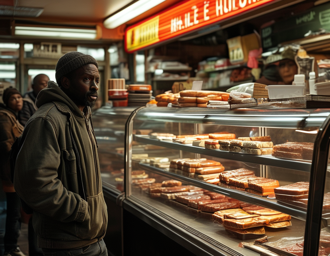 An emotional scene depicting a local deli in Harlem, where the tragic stabbing incident occurred, with community members looking concerned and reflective about safety.