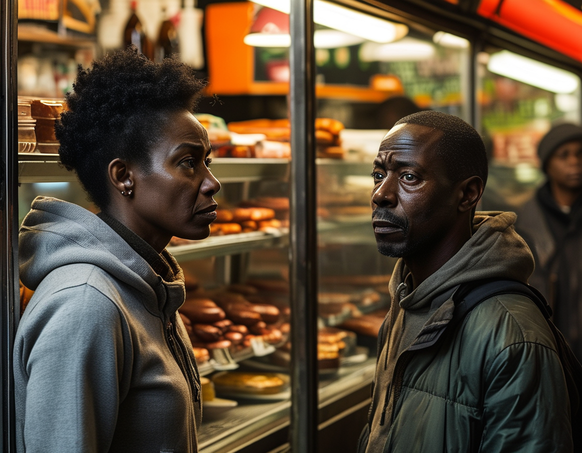 A police officer speaking with locals outside a deli, illustrating the ongoing investigation and community discussions regarding safety and violence.