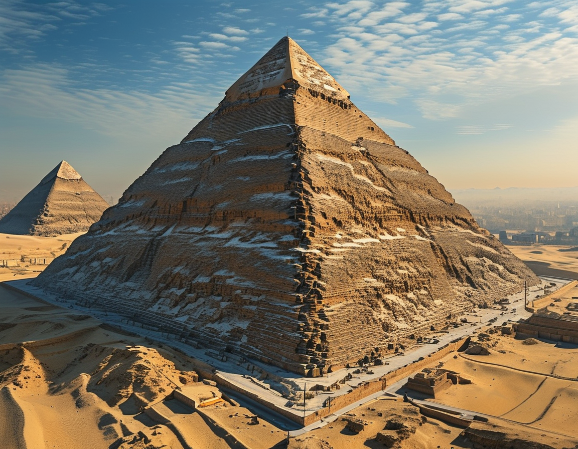 A captivating aerial view of the Great Pyramid of Giza, showcasing its massive stone blocks and the surrounding desert landscape, symbolizing ancient Egyptian architecture and mysteries.