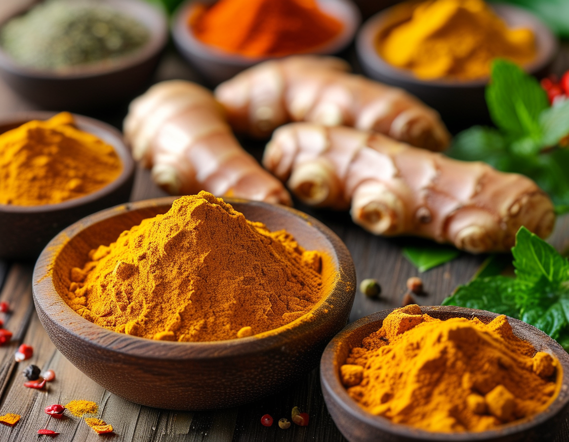 A vibrant close-up of fresh turmeric root and turmeric powder on a wooden table, surrounded by bowls of spices and herbs, highlighting the rich color and natural beauty of this health-boosting ingredient.