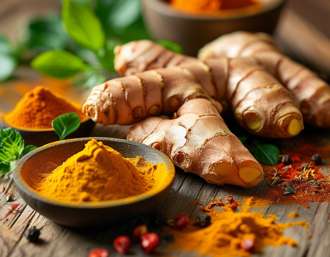 An array of colorful dishes garnished with turmeric, including golden smoothies, roasted vegetables, and curries, showcasing the versatility of turmeric in enhancing meals and promoting health.