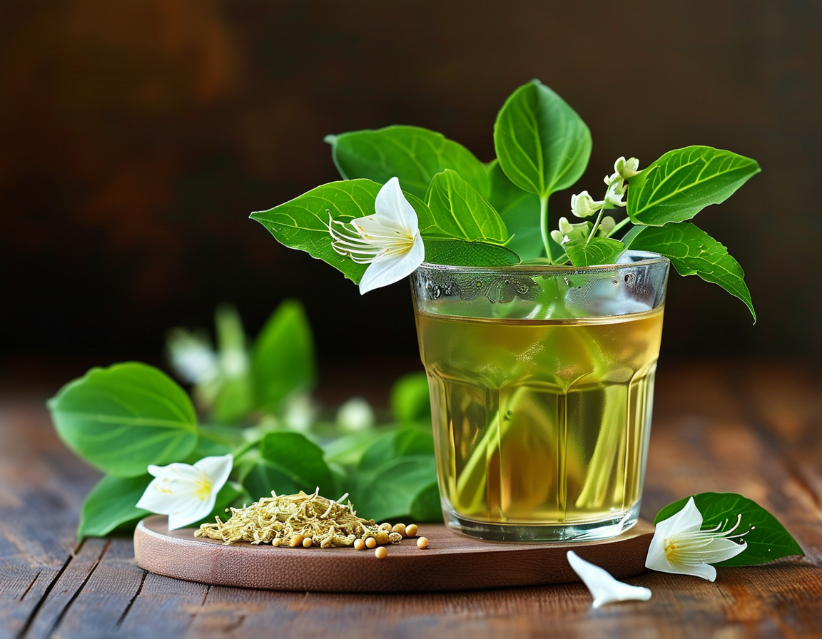 An illustration of Houttuynia cordata leaves and flowers displayed alongside a cup of herbal tea, highlighting its traditional medicinal uses for inflammation and immune support.