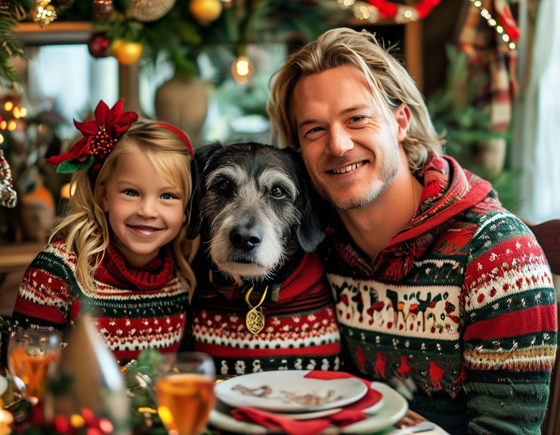 A joyful Mr. Beast and Thea Booysen smiling together at a cozy family gathering, featuring festive decorations and their dog in matching jumpers. The love and warmth of the holiday season radiate from their expressions.