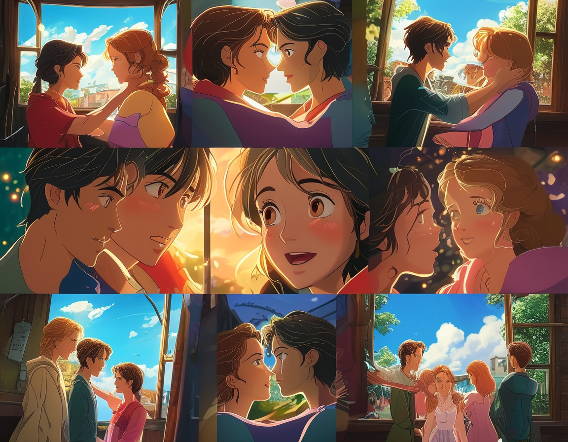 An artistic collage of key scenes from each anime mentioned, showcasing the main characters in meaningful moments that reflect their emotional journeys and relationships. Bright colors and expressive visuals symbolize the depth of love depicted in these stories.