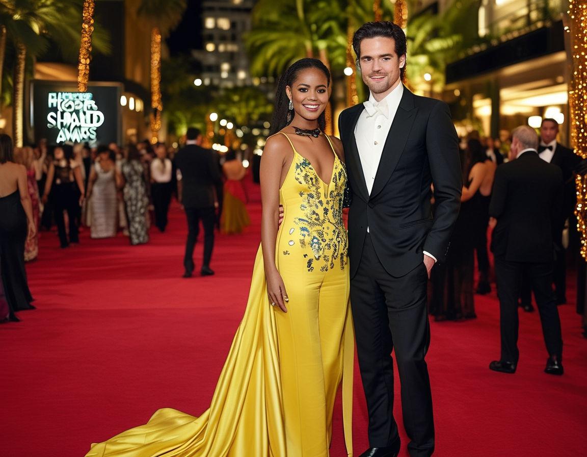 A glamorous view of the Golden Globes 2025 red carpet, showcasing celebrities in stunning outfits, including Zoe Saldaña and Kieran Culkin. The excitement of the event is palpable, with the Beverly Hilton beautifully illuminated in the background.