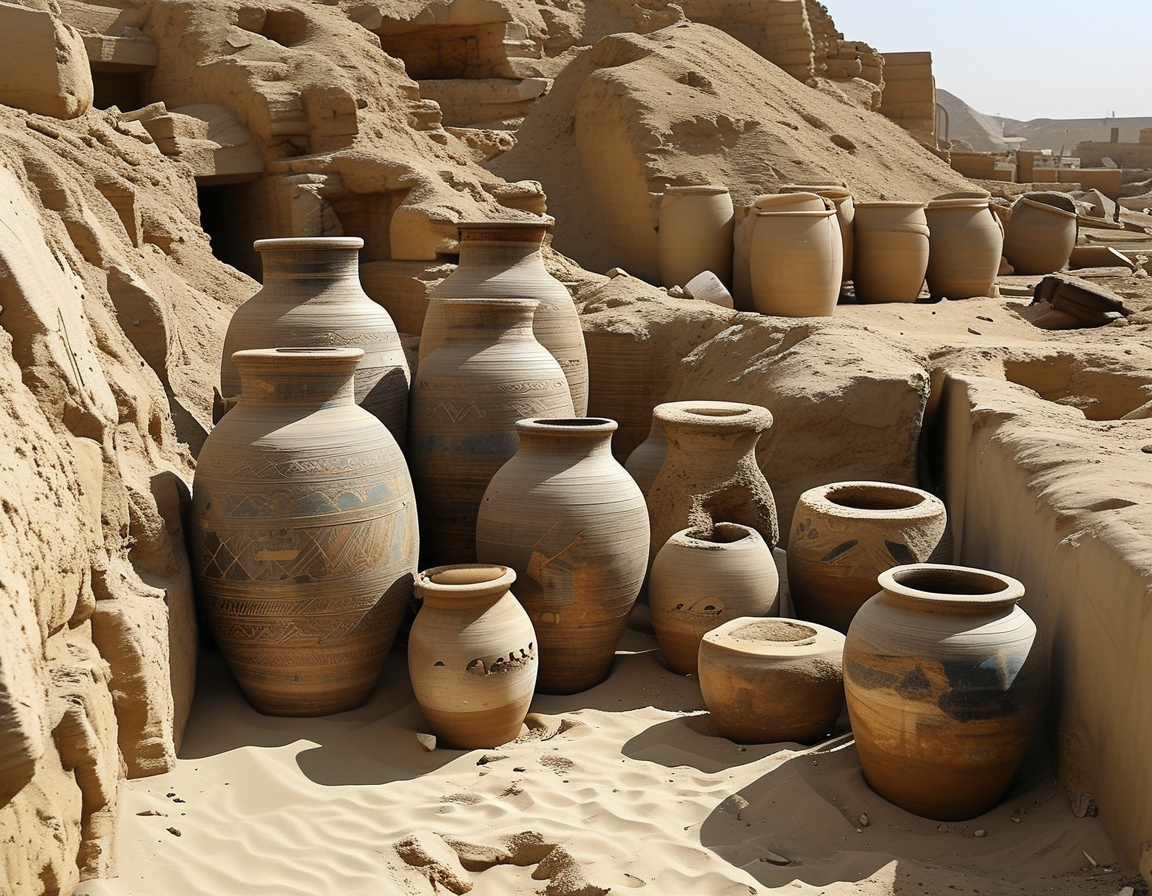 Close-up of decorated ancient jars that once contained embalming materials, with hieroglyphics describing their usage and significance in mummification.